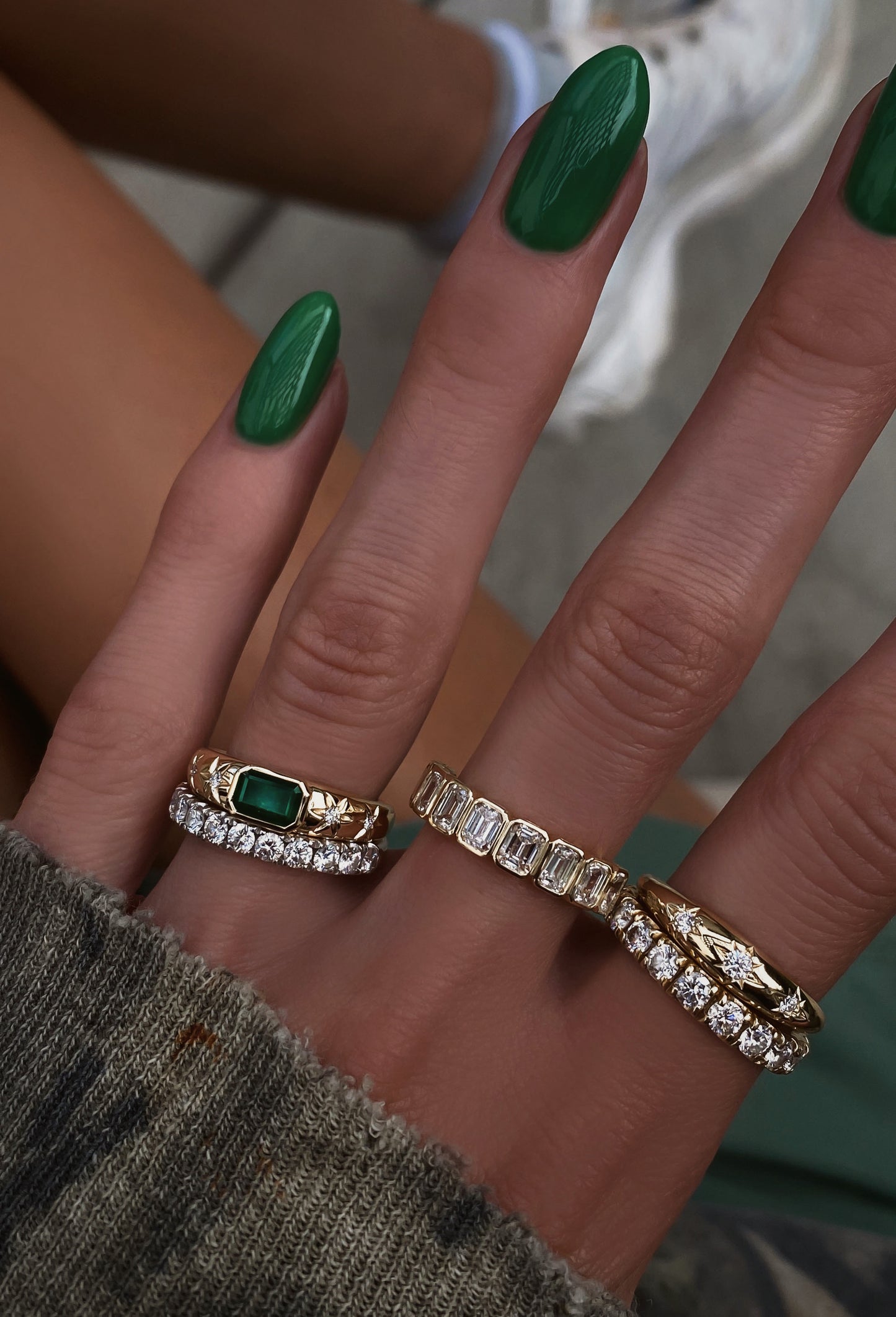 14kt gold diamond starburst emerald dome ring