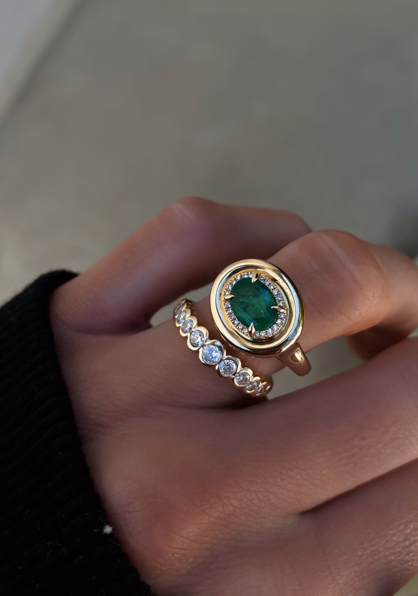 14kt gold and diamond emerald bubble ring