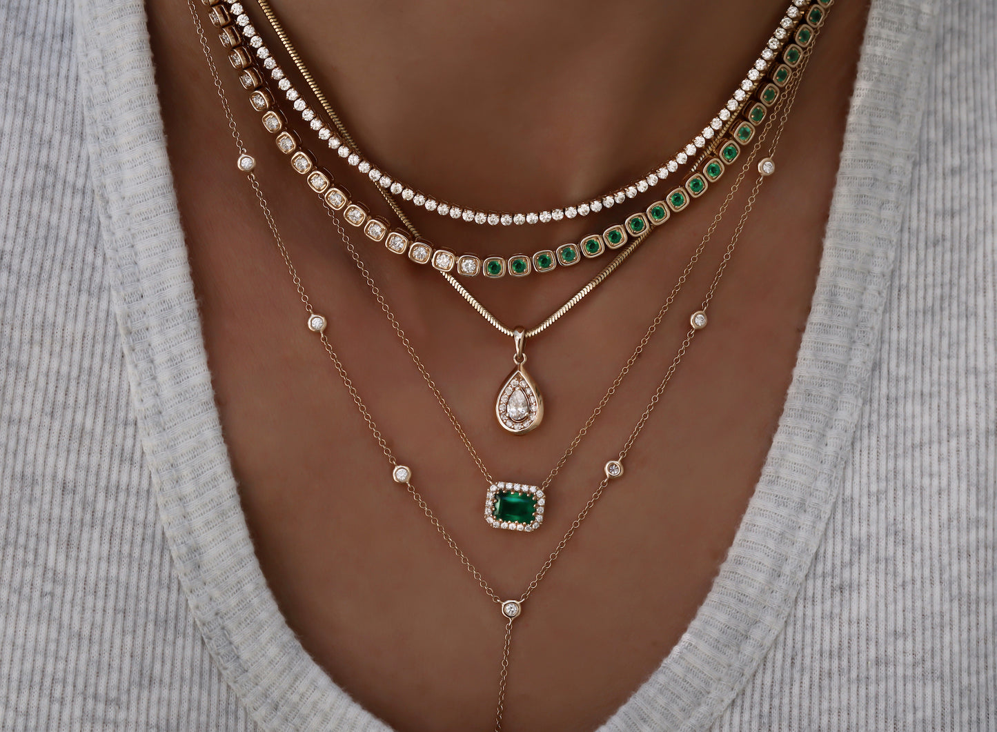 14kt gold split diamond and emerald box necklace