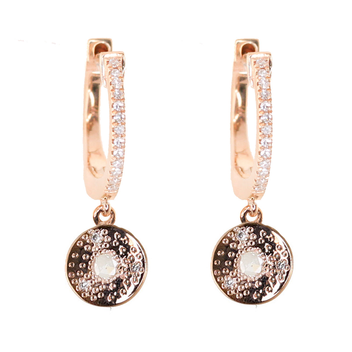 14kt gold rose cut diamond disk hoop earrings