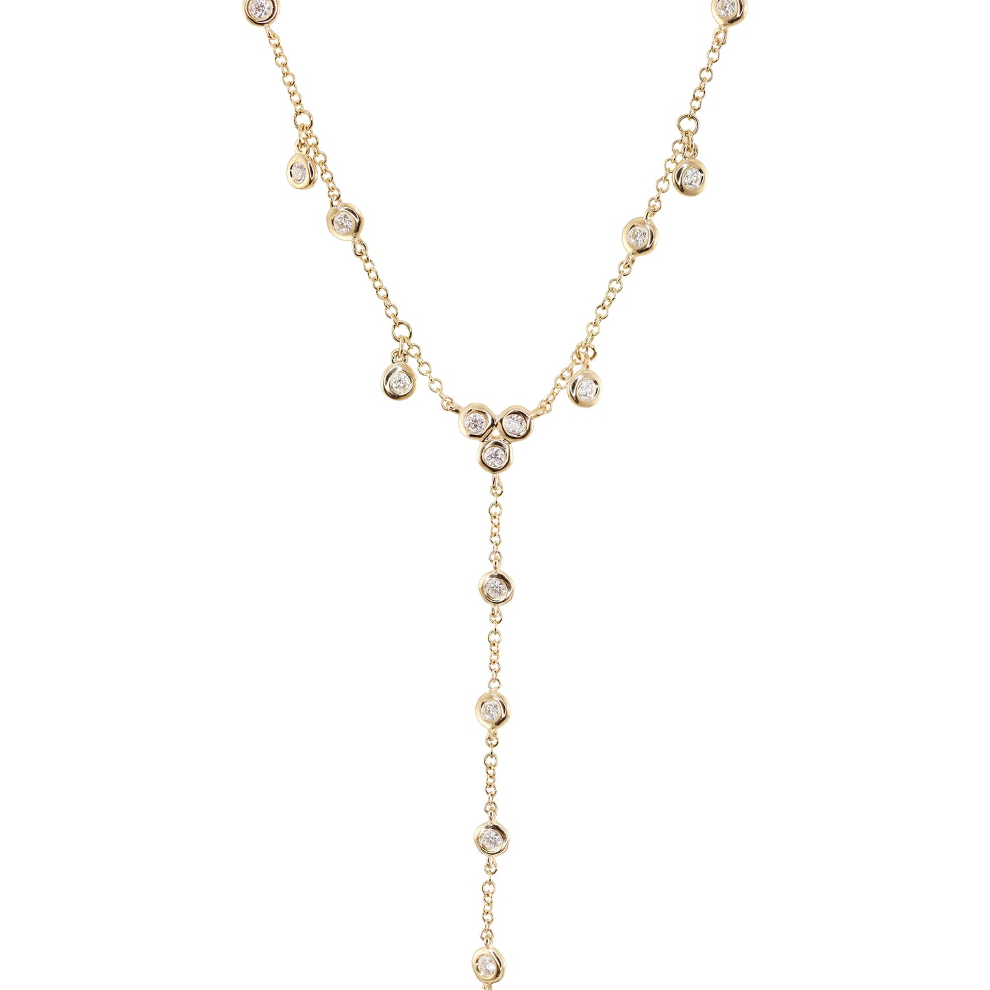 14kt gold single row diamond bezel drip lariat necklace