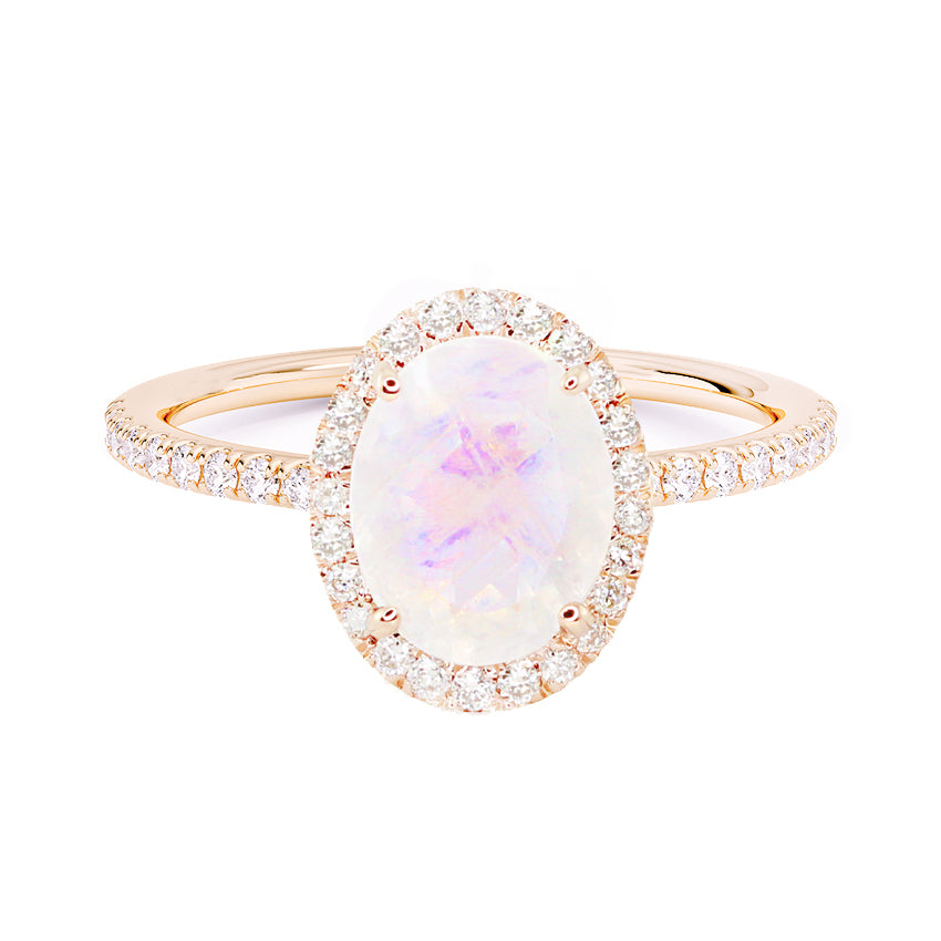 14kt gold and diamond solitaire moonstone eternity ring with halo