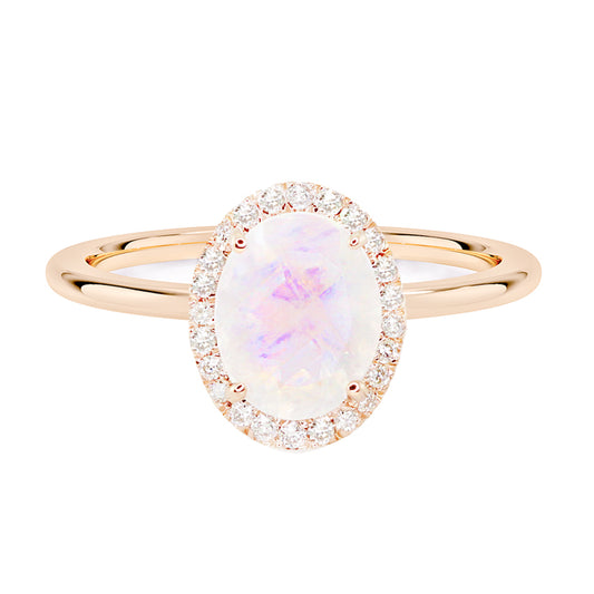 14kt gold and diamond solitaire moonstone ring with halo