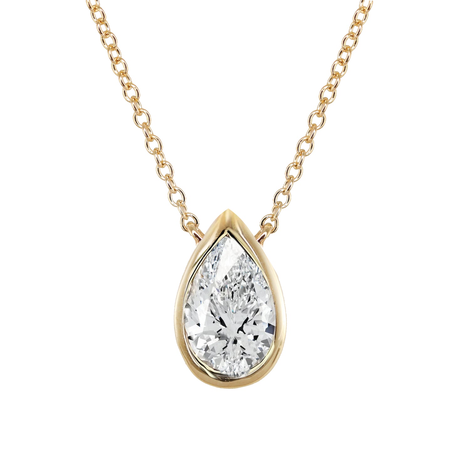 14kt gold teardrop diamond side halo bezel necklace