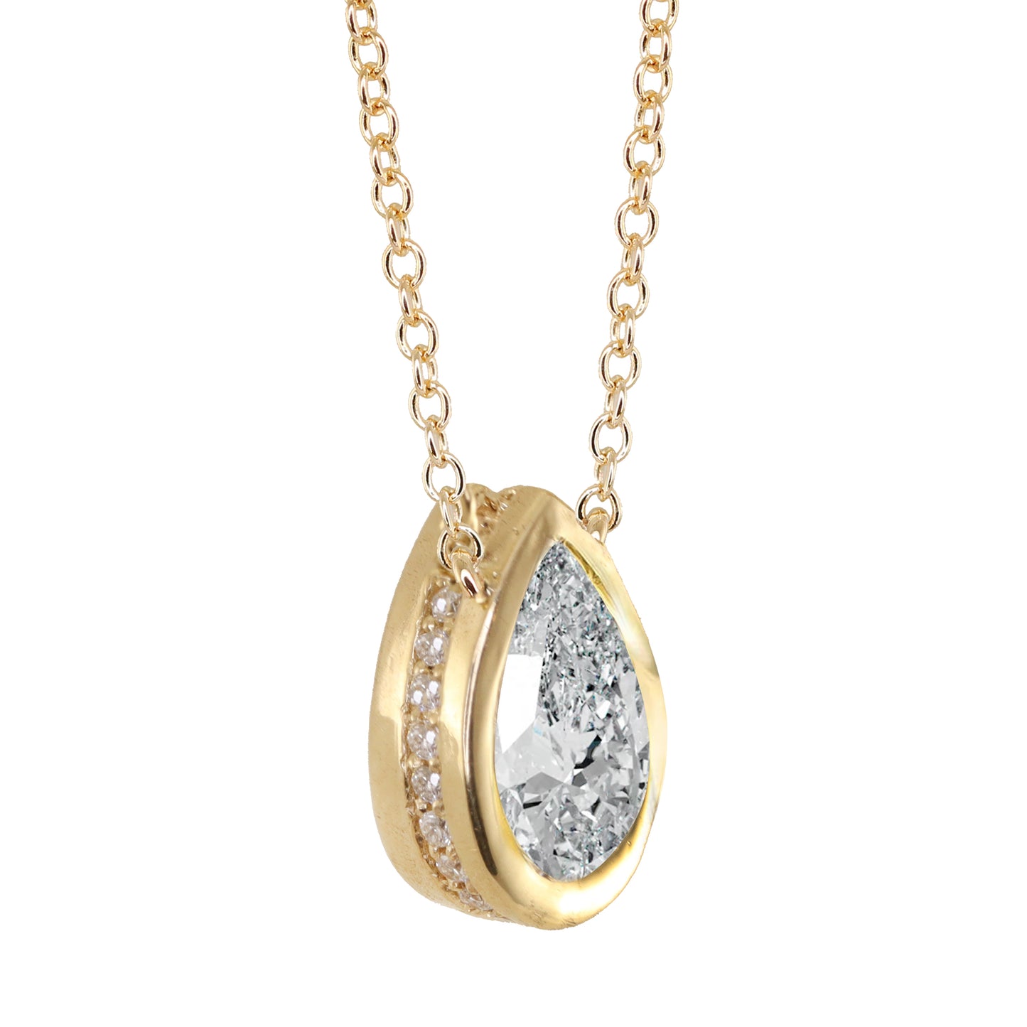 14kt gold teardrop diamond side halo bezel necklace