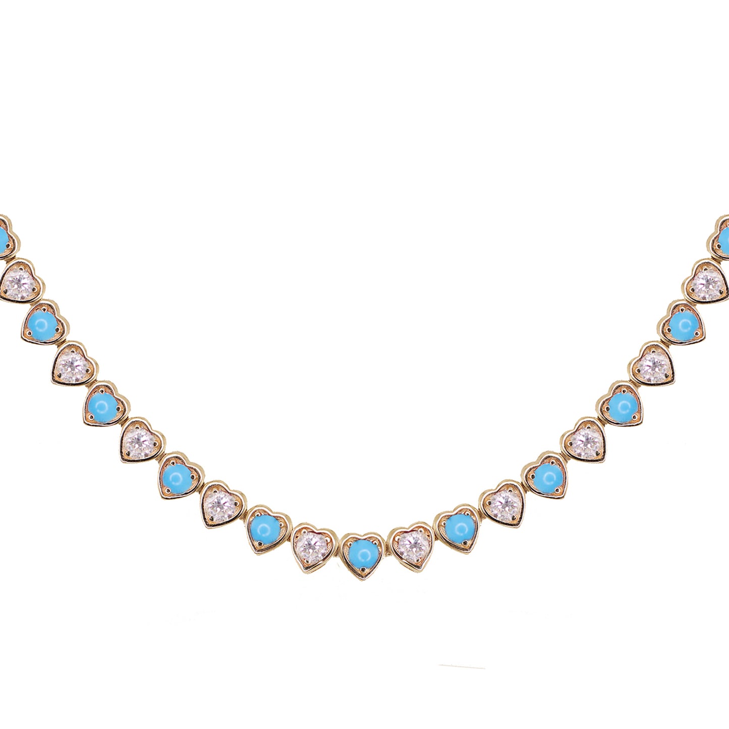 14kt gold turquoise and diamond heart bezel tennis necklace