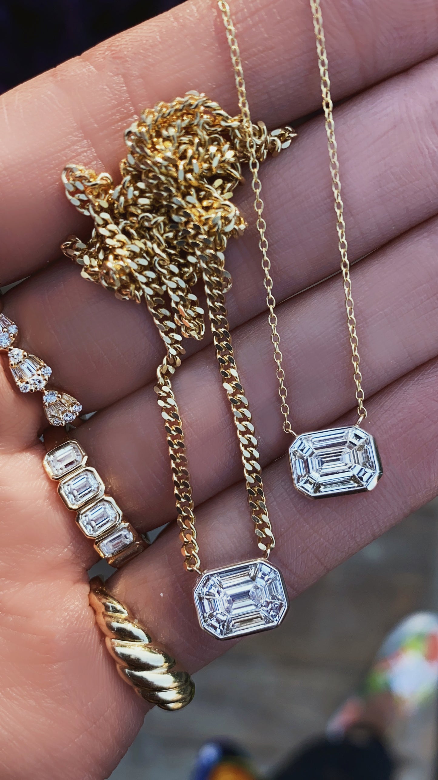 14kt gold illusion emerald cut diamond bezel necklace on flat link chain