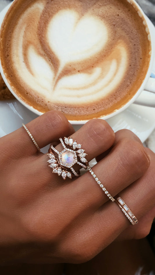 14kt gold and diamond Double Band Moonstone Hex ring