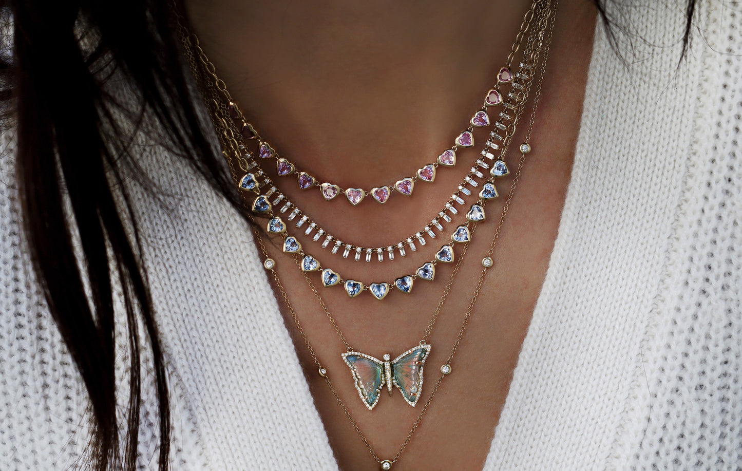 14kt gold pink sapphire heart bezel half tennis necklace