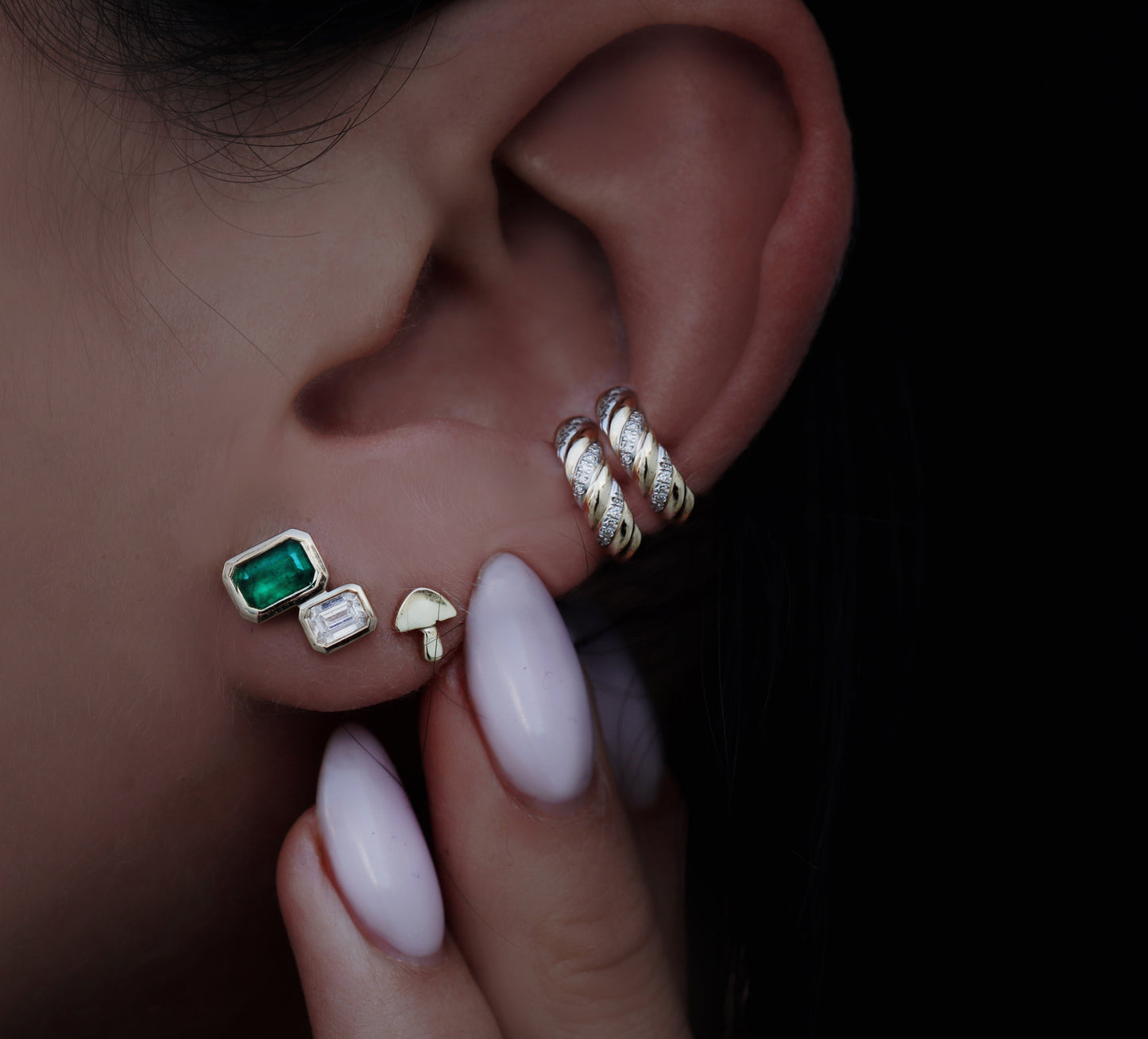 14kt gold emerald cut diamond emerald bezel stud