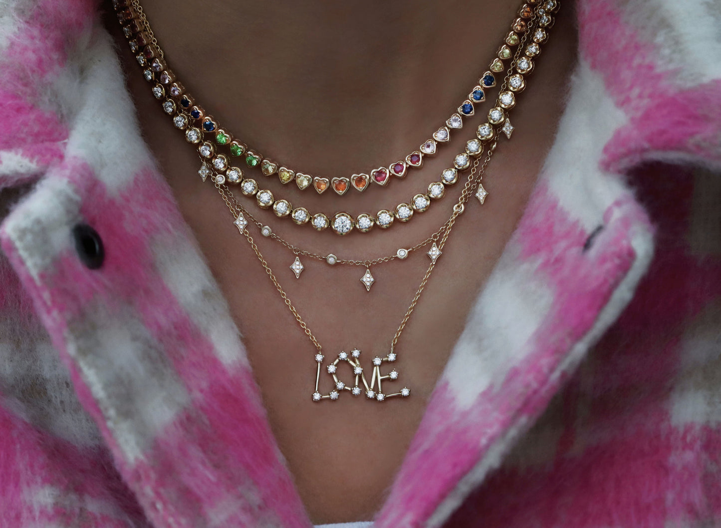 14kt gold rainbow sapphire heart bezel tennis necklace