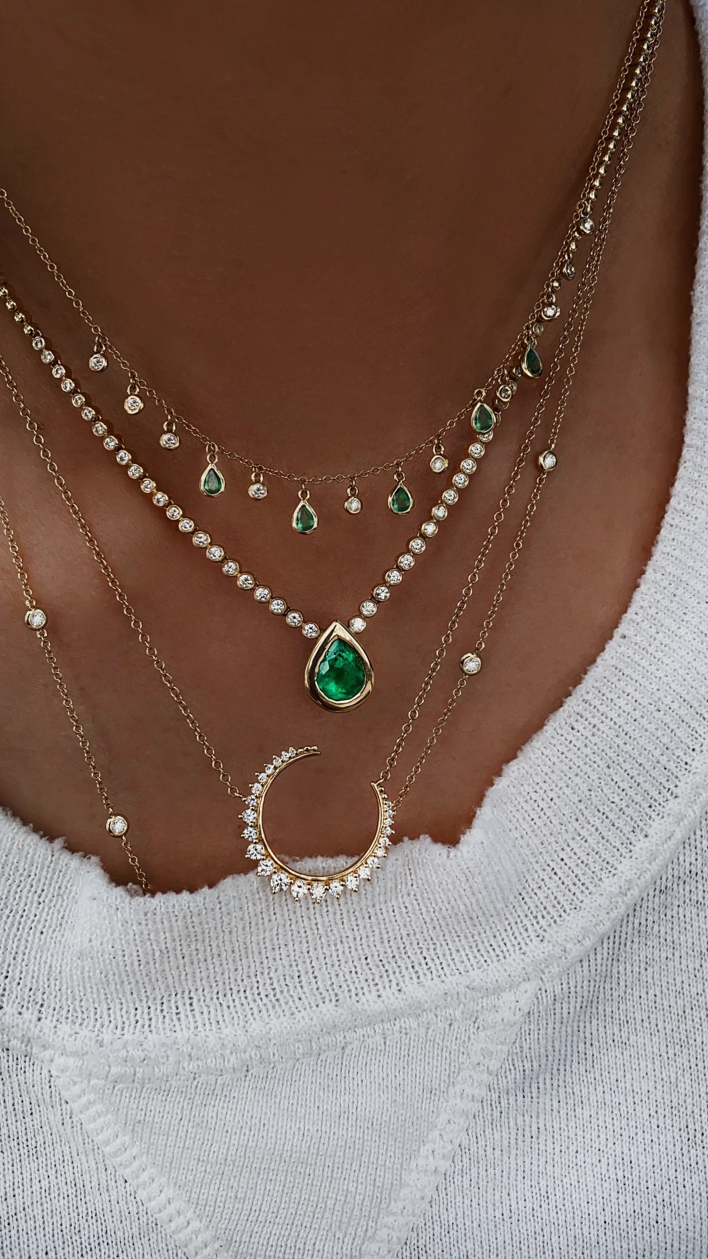 14kt gold and diamond teardrop emerald bezel necklace