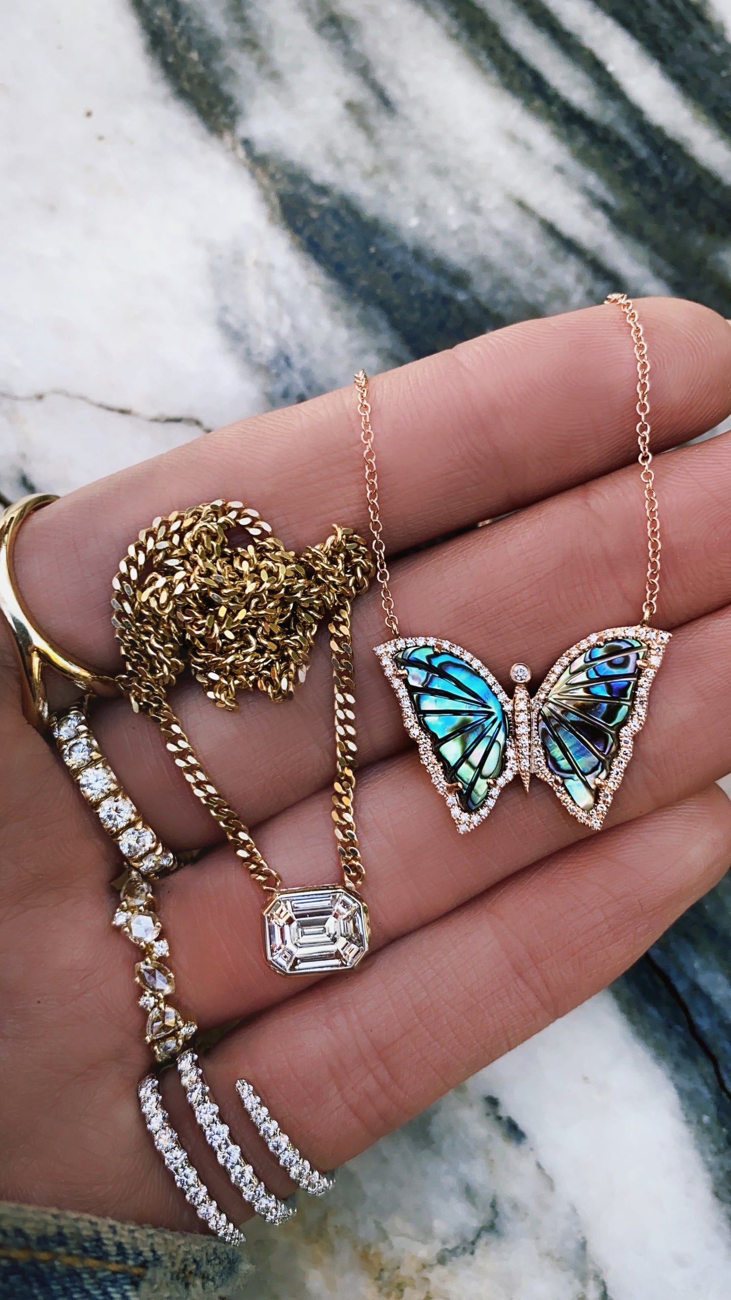 14kt gold and diamond abalone baby butterfly necklace