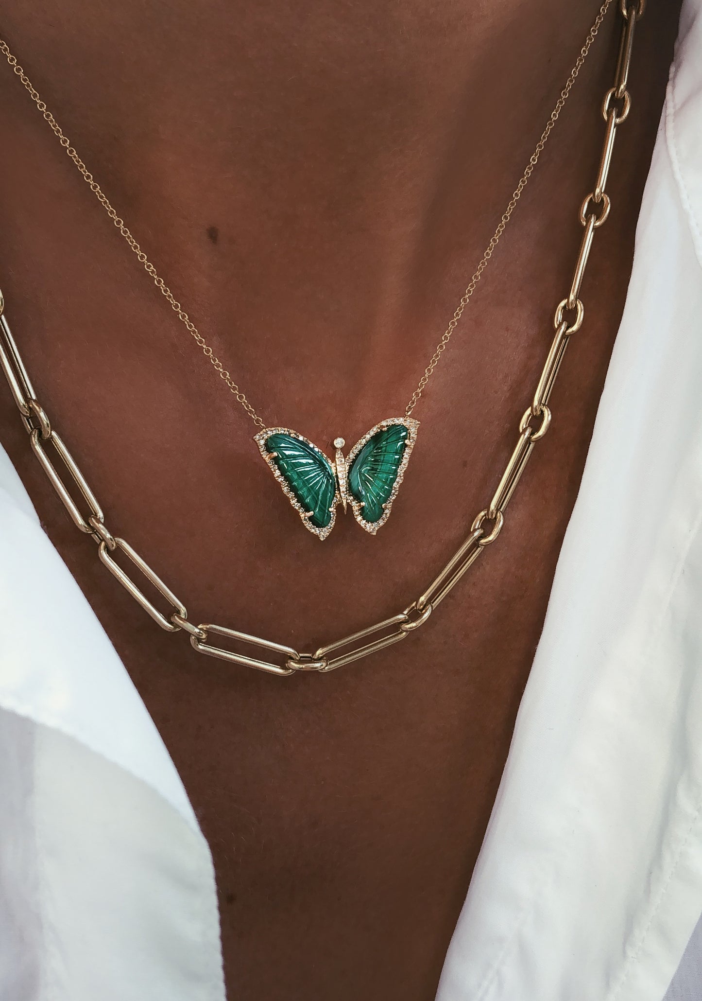 14kt gold and diamond malachite baby butterfly necklace