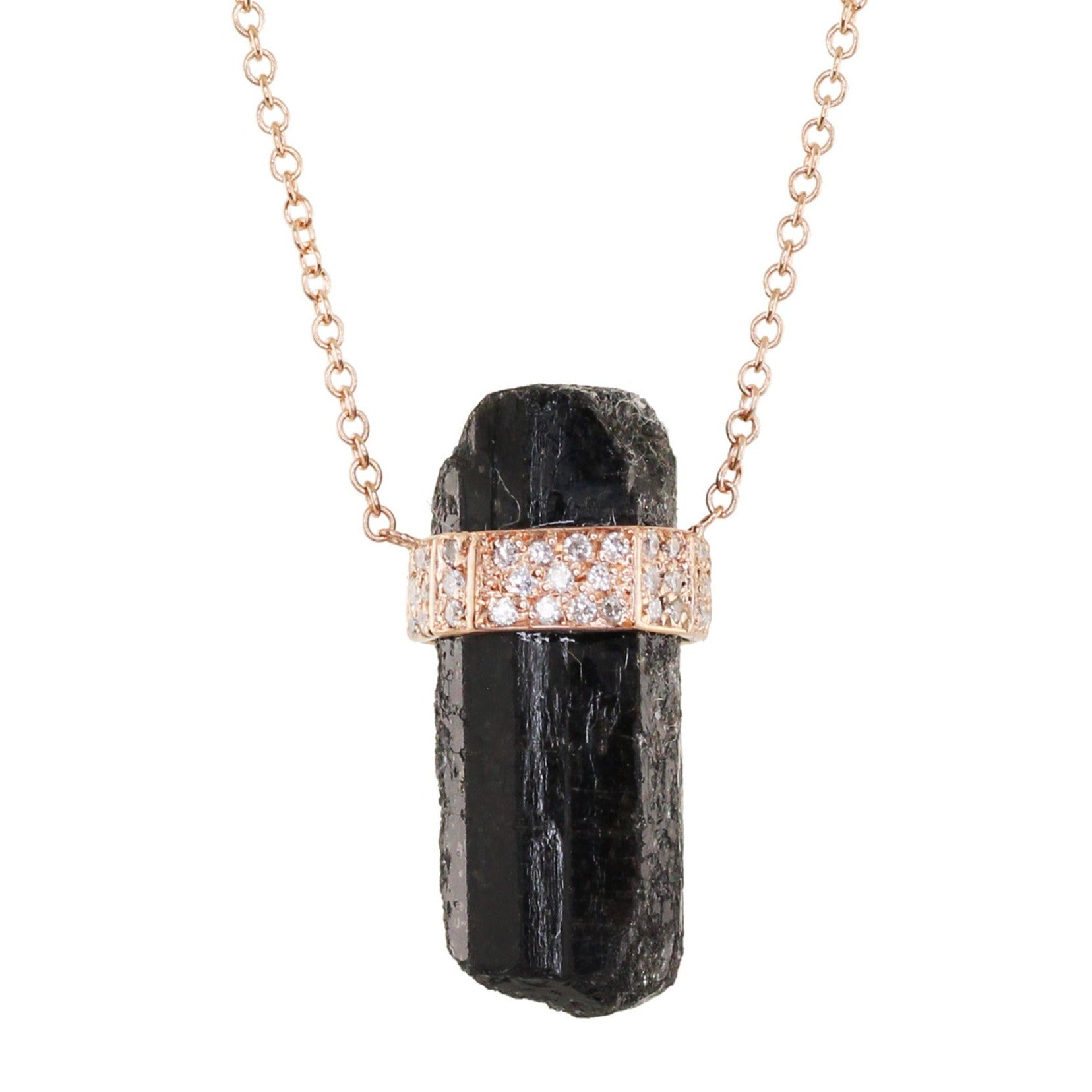 Black Tourmaline Crystal Necklace 14kt Gold And Three Diamond Row