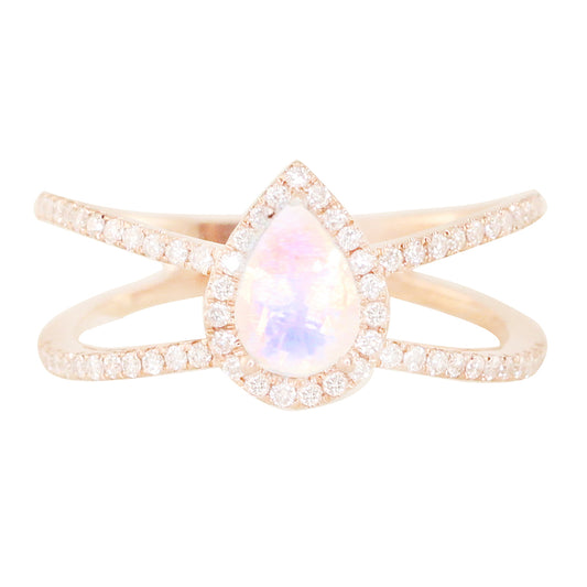14kt gold and diamond Double Band Teardrop Moonstone ring