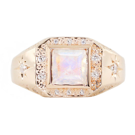 14kt gold and diamond moonstone stardust signet ring - Luna Skye