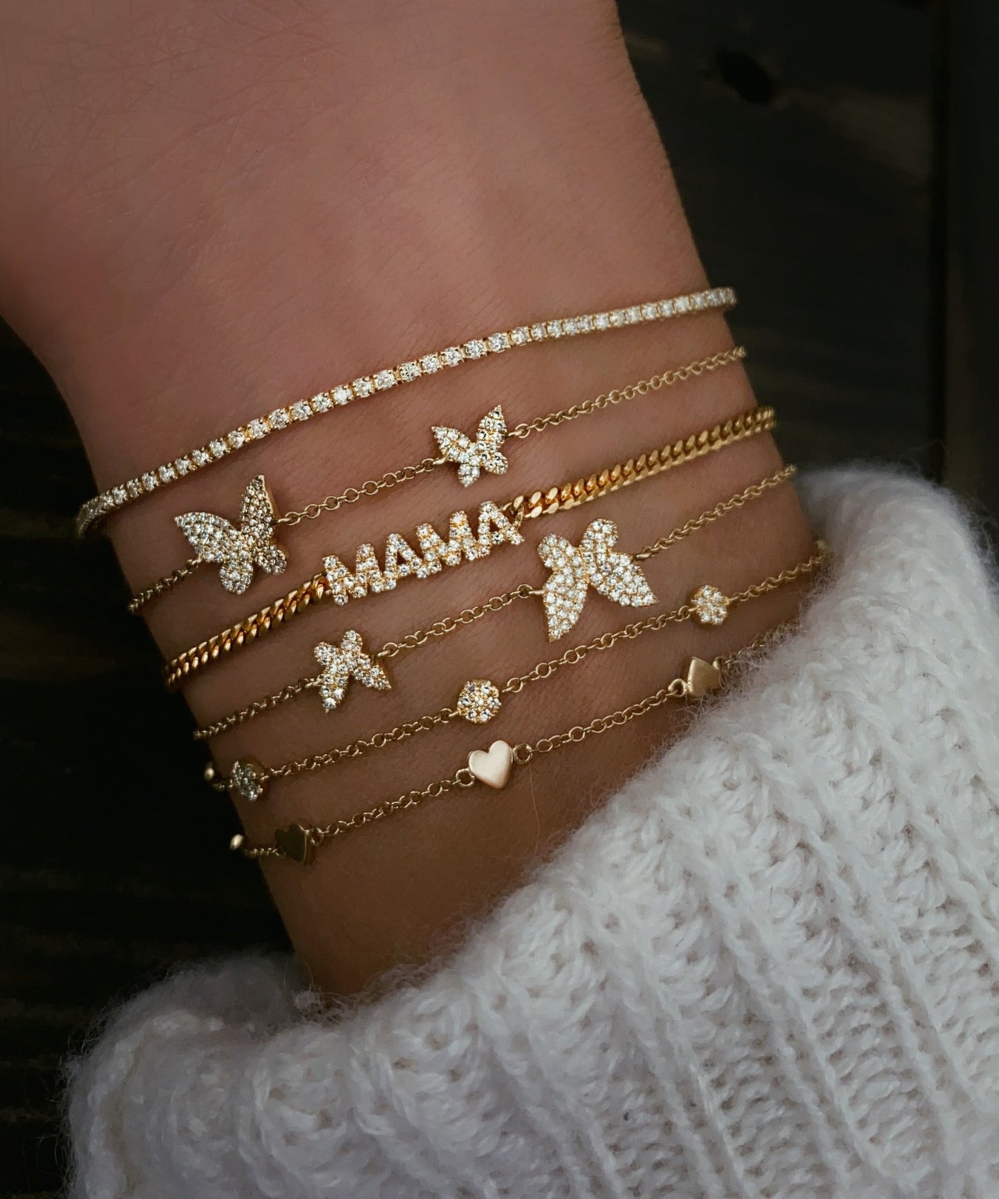 14kt gold and diamond mini mama flat link chain bracelet