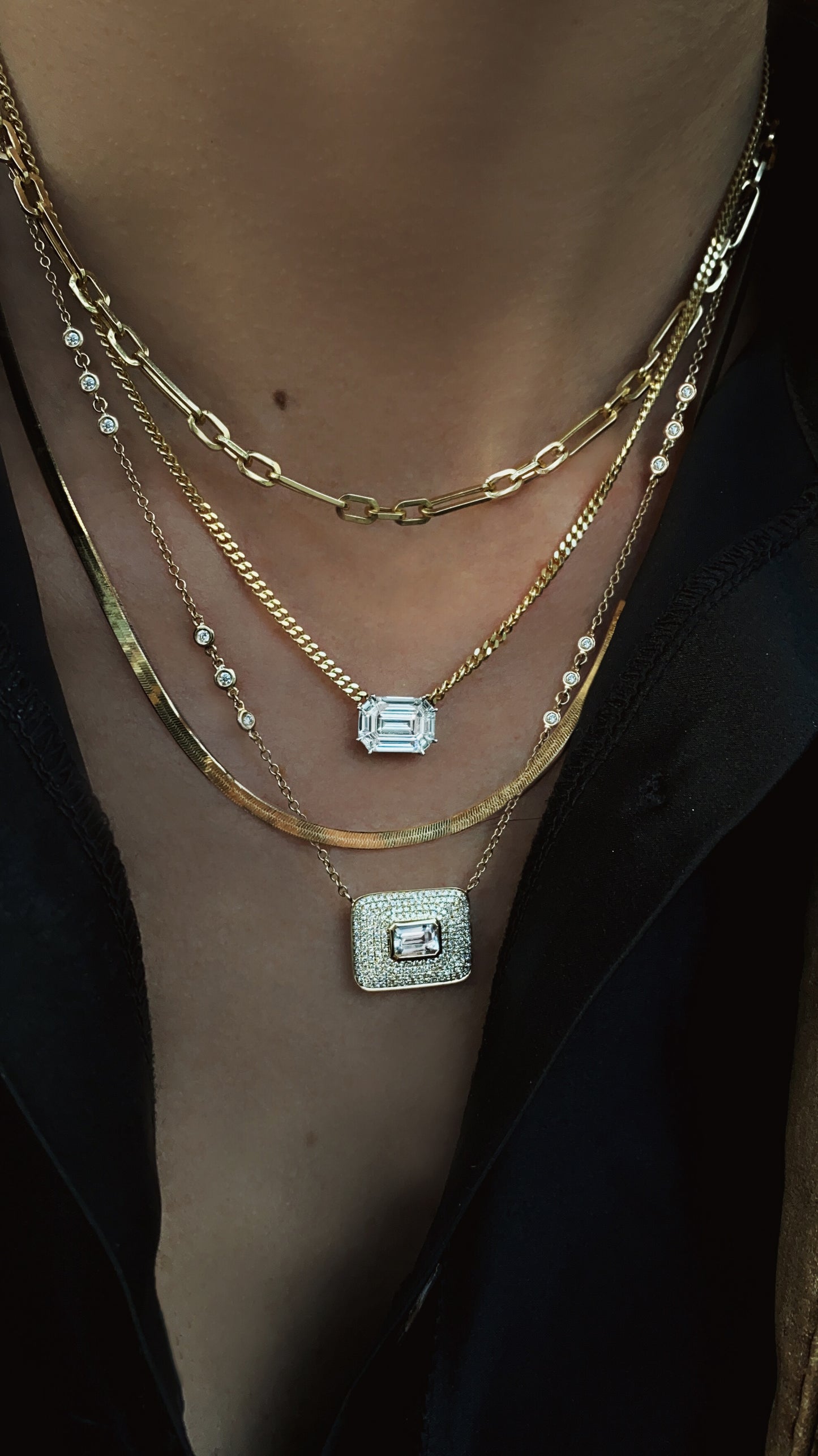 14kt gold full diamond bezel emerald cut necklace