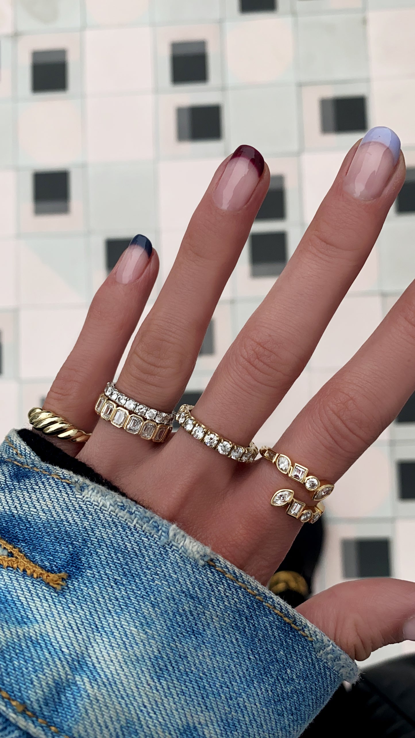 14kt gold emerald cut diamond bezel band