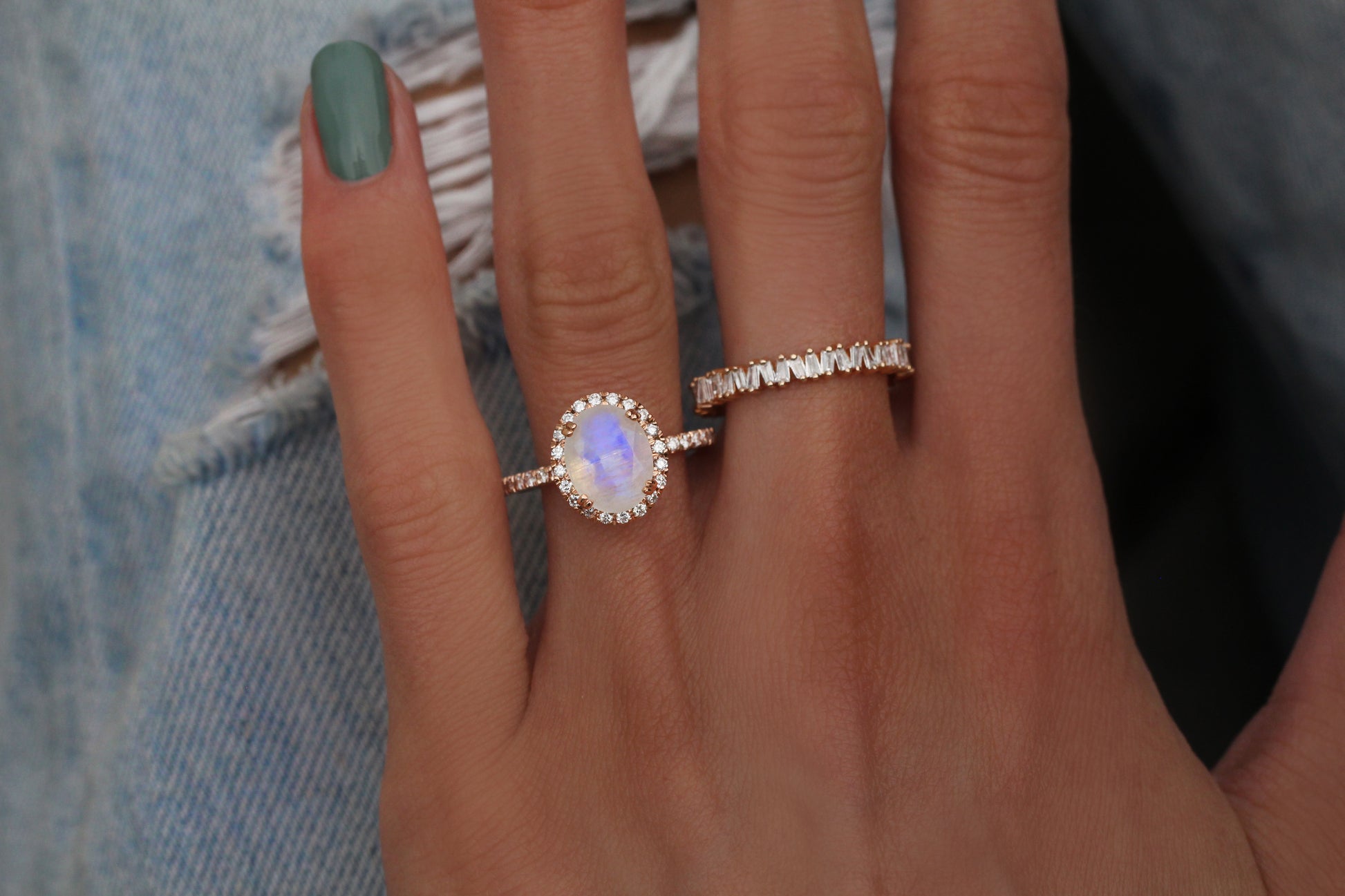 14kt gold and diamond solitaire moonstone eternity ring with halo - Luna Skye