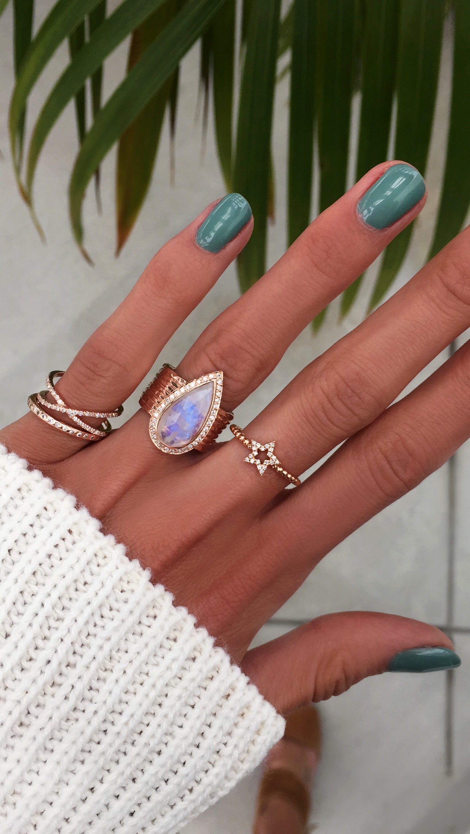 14kt gold and diamond multi hammered band teardrop moonstone ring - Luna Skye