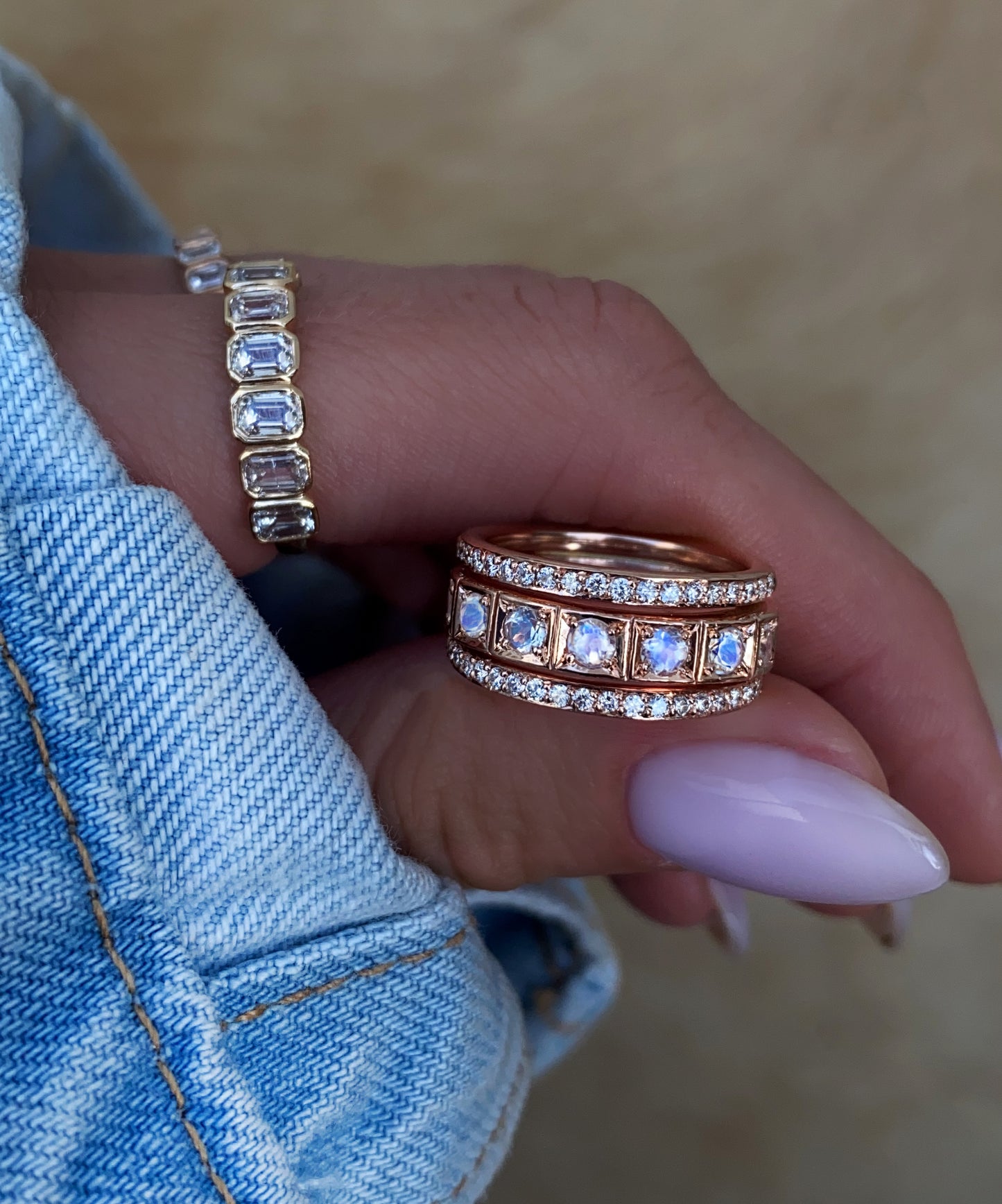 14kt gold two diamond row moonstone band