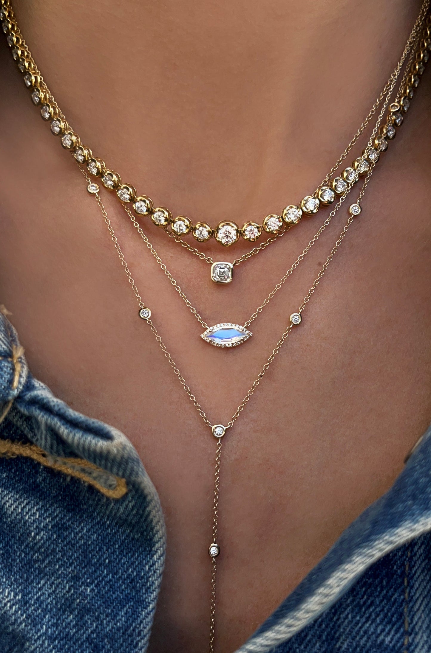 14kt gold baby asscher cut diamond bezel necklace