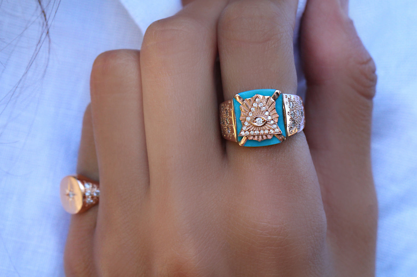 14kt gold diamond and turquoise pyramid eye ring - Luna Skye