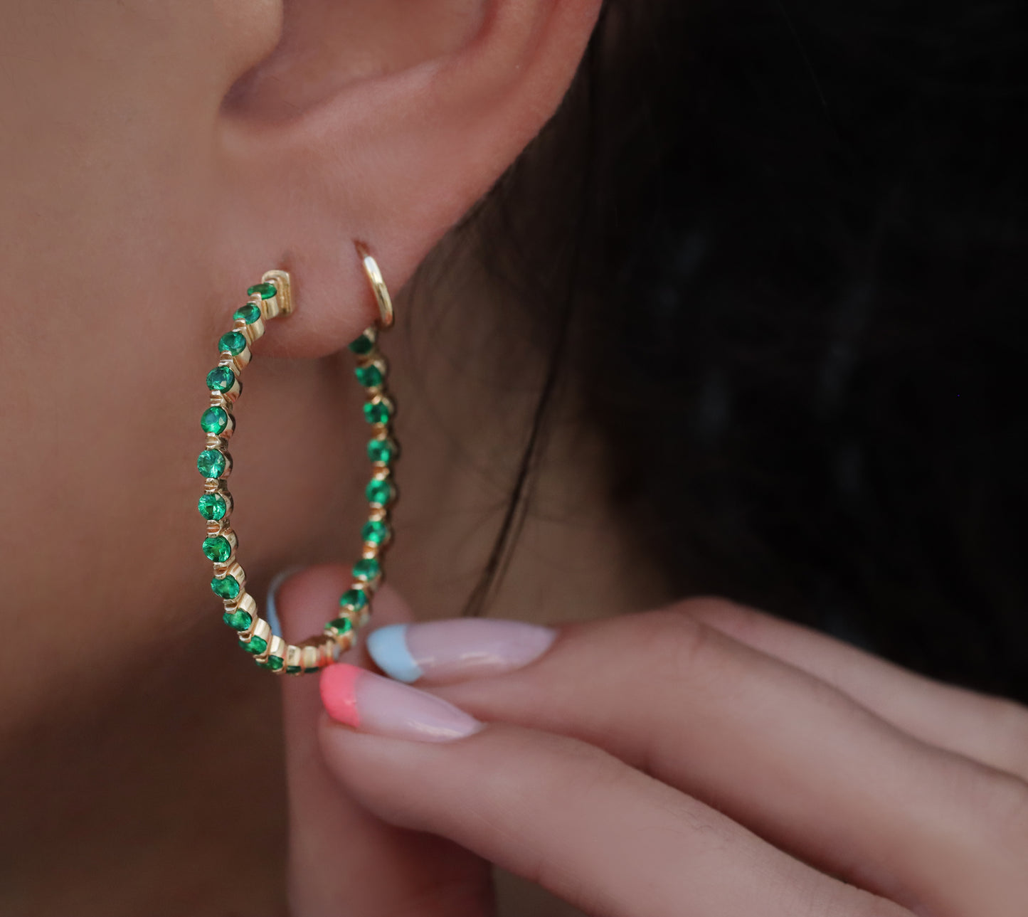 14kt gold floating emerald hoops