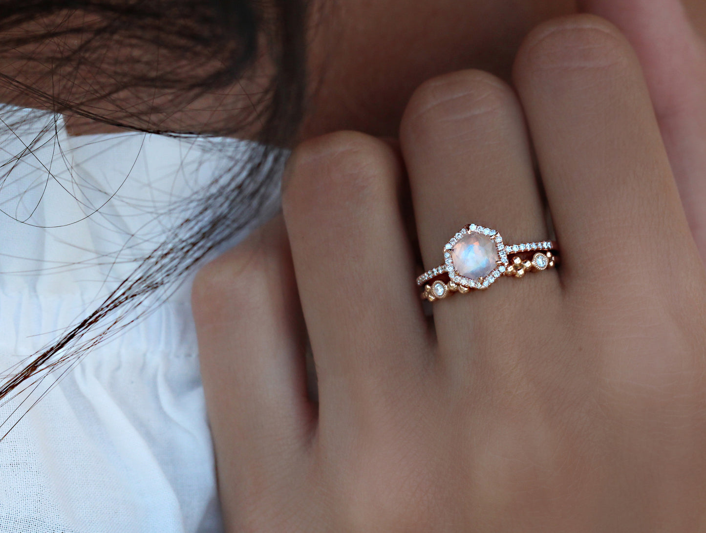 14kt gold and diamond moonstone hex ring - Luna Skye