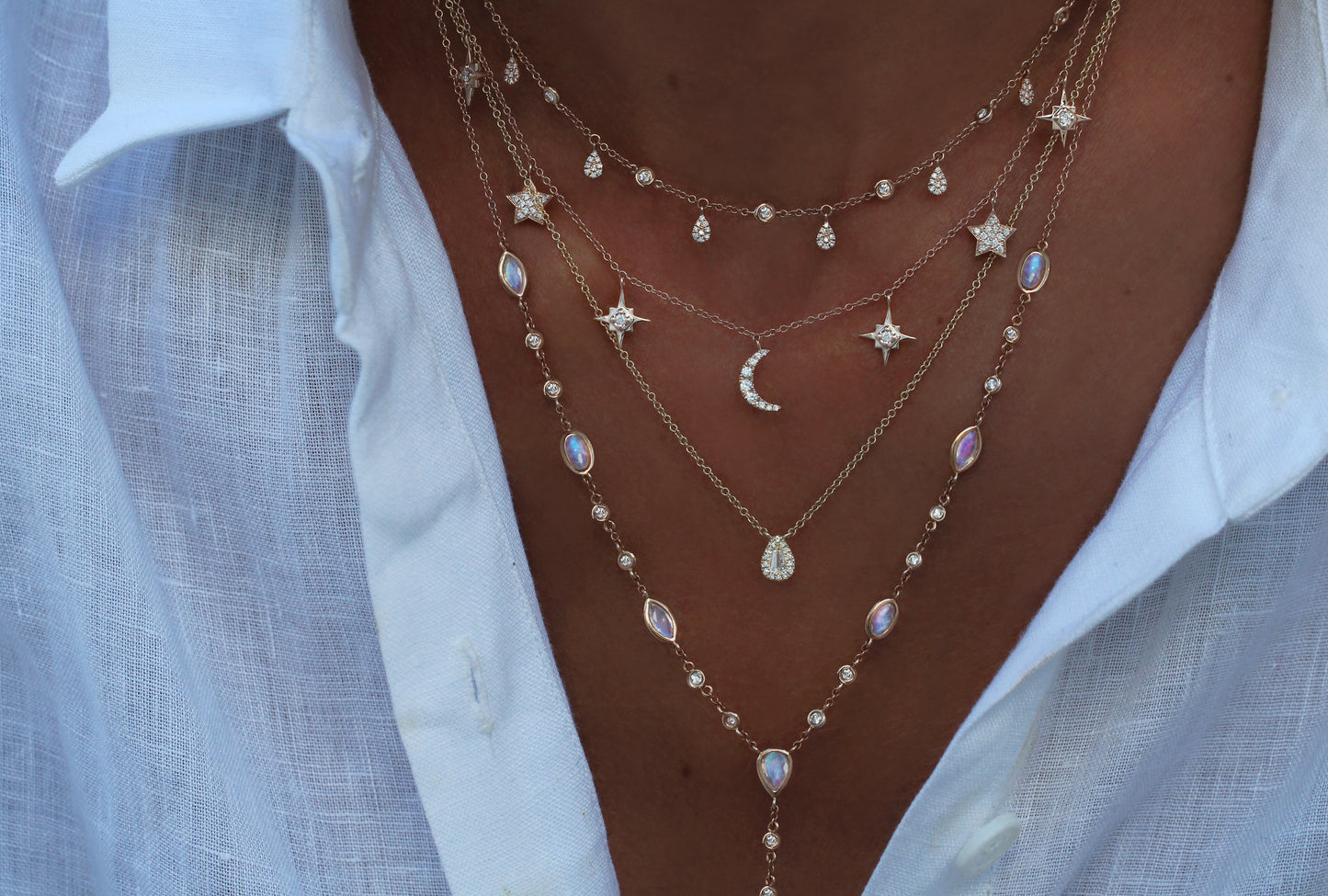 14kt gold and diamond bezel moonstone lariat necklace