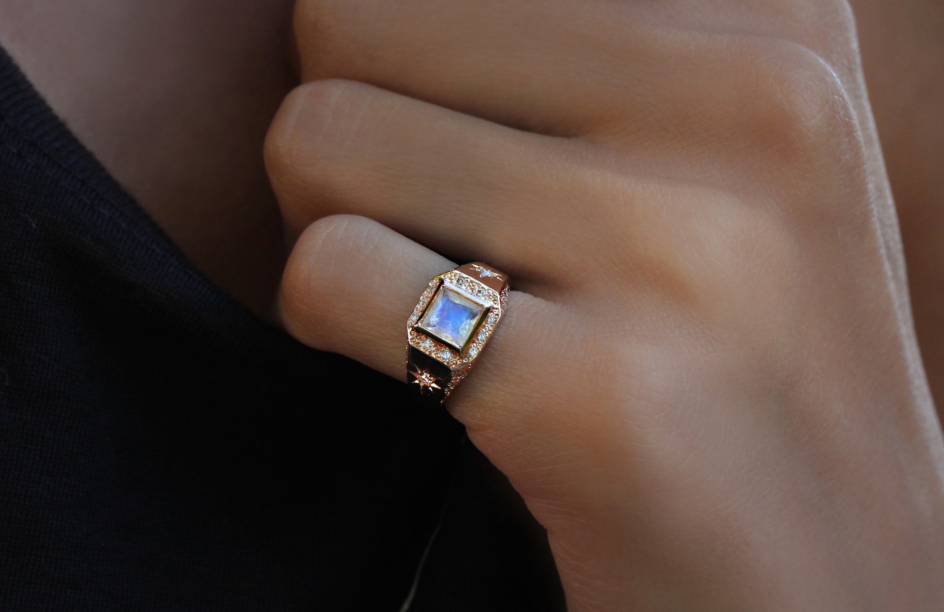 14kt gold and diamond moonstone stardust signet ring - Luna Skye