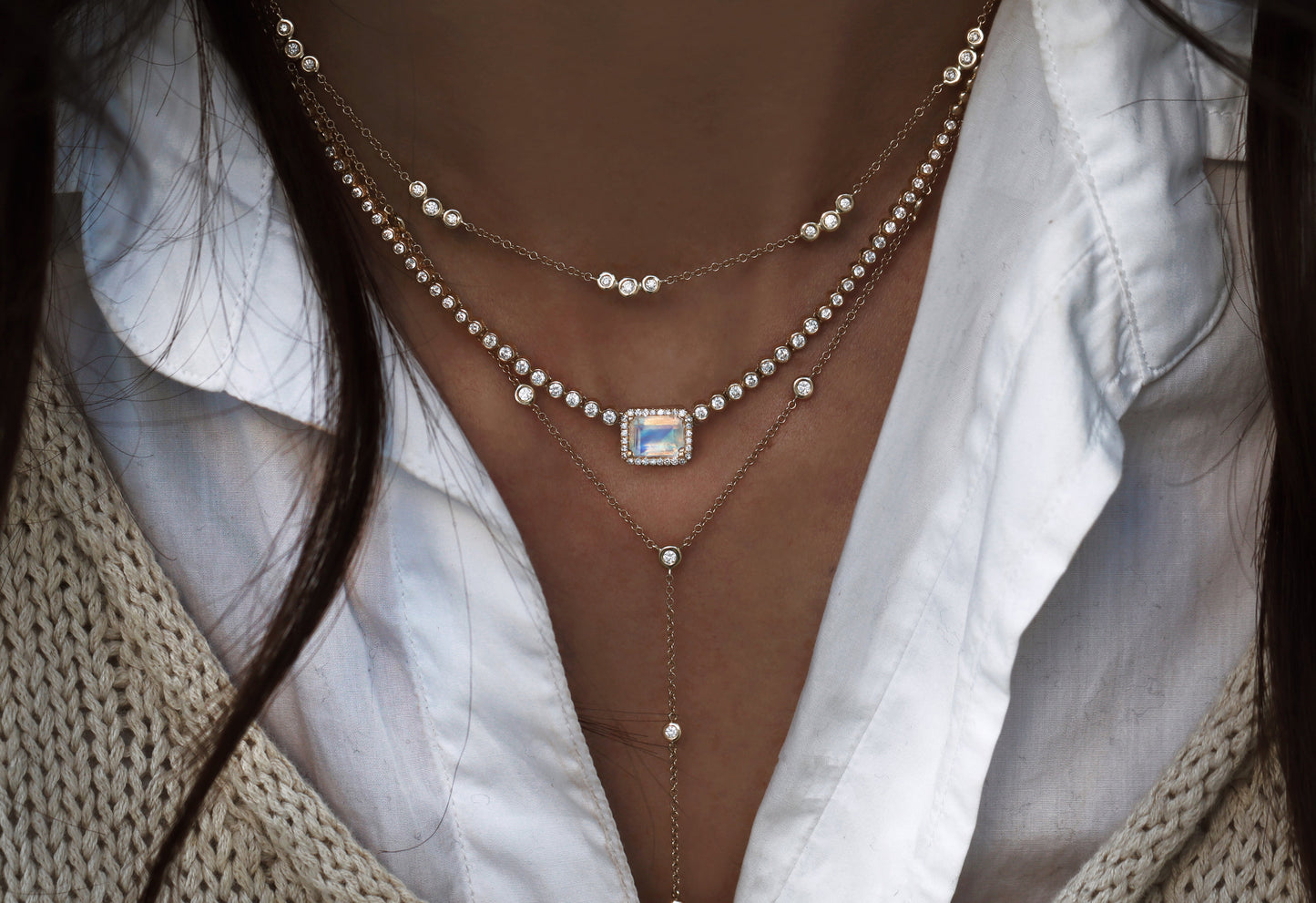 14kt gold and diamond moonstone bezel necklace