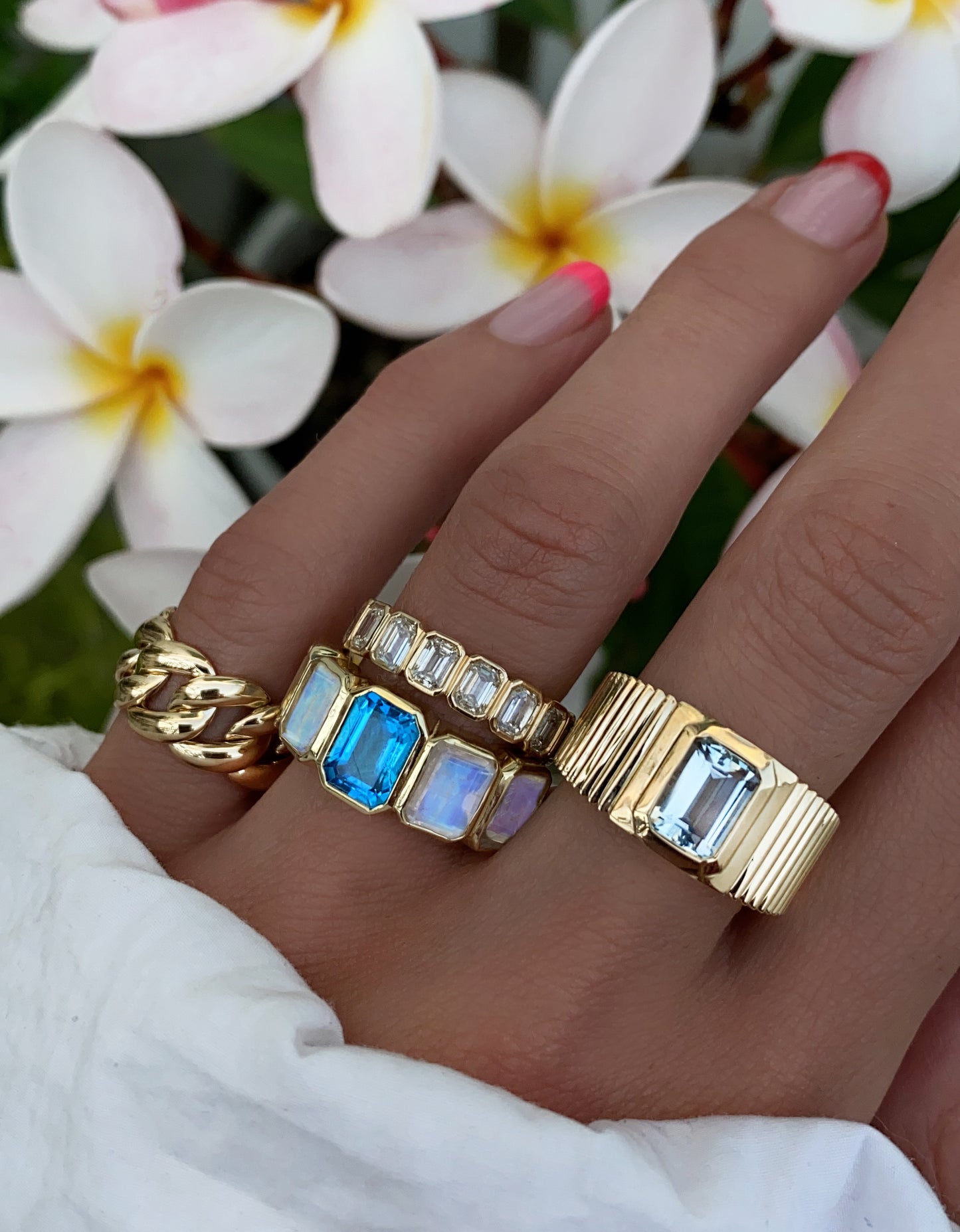 14kt gold emerald cut moonstone and blue topaz ring