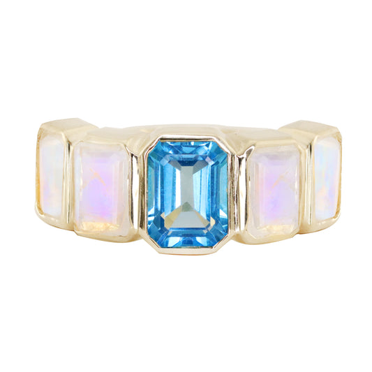 14kt gold emerald cut moonstone and blue topaz ring