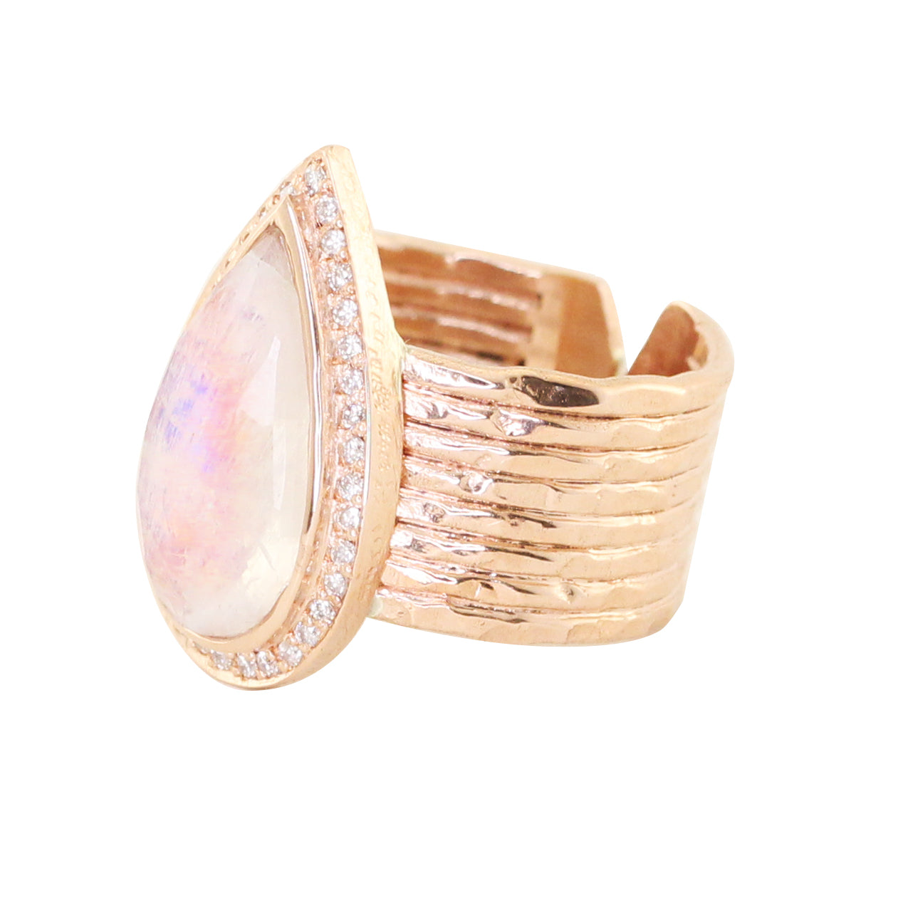14kt gold and diamond multi hammered band teardrop moonstone ring - Luna Skye