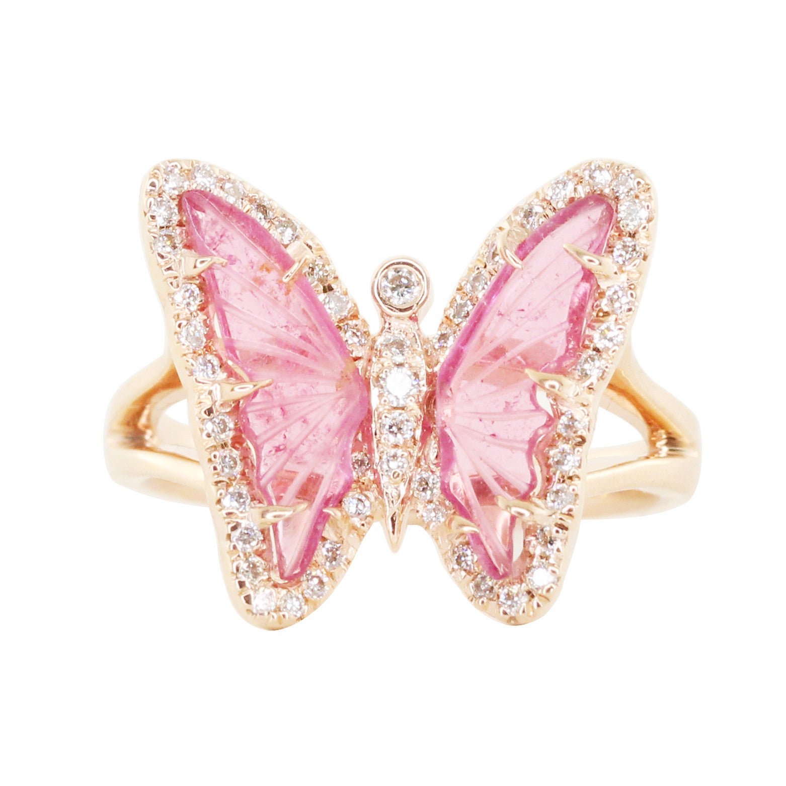 14kt Gold and Diamond Pink Tourmaline Butterfly Ring White Gold / 7