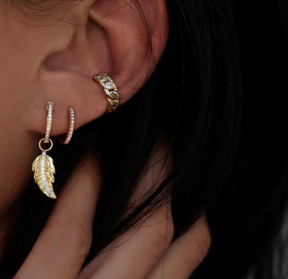 14kt gold and diamond feather charm hoop earring