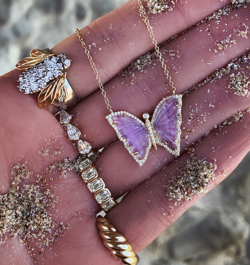 14kt gold and diamond amethyst baby butterfly necklace