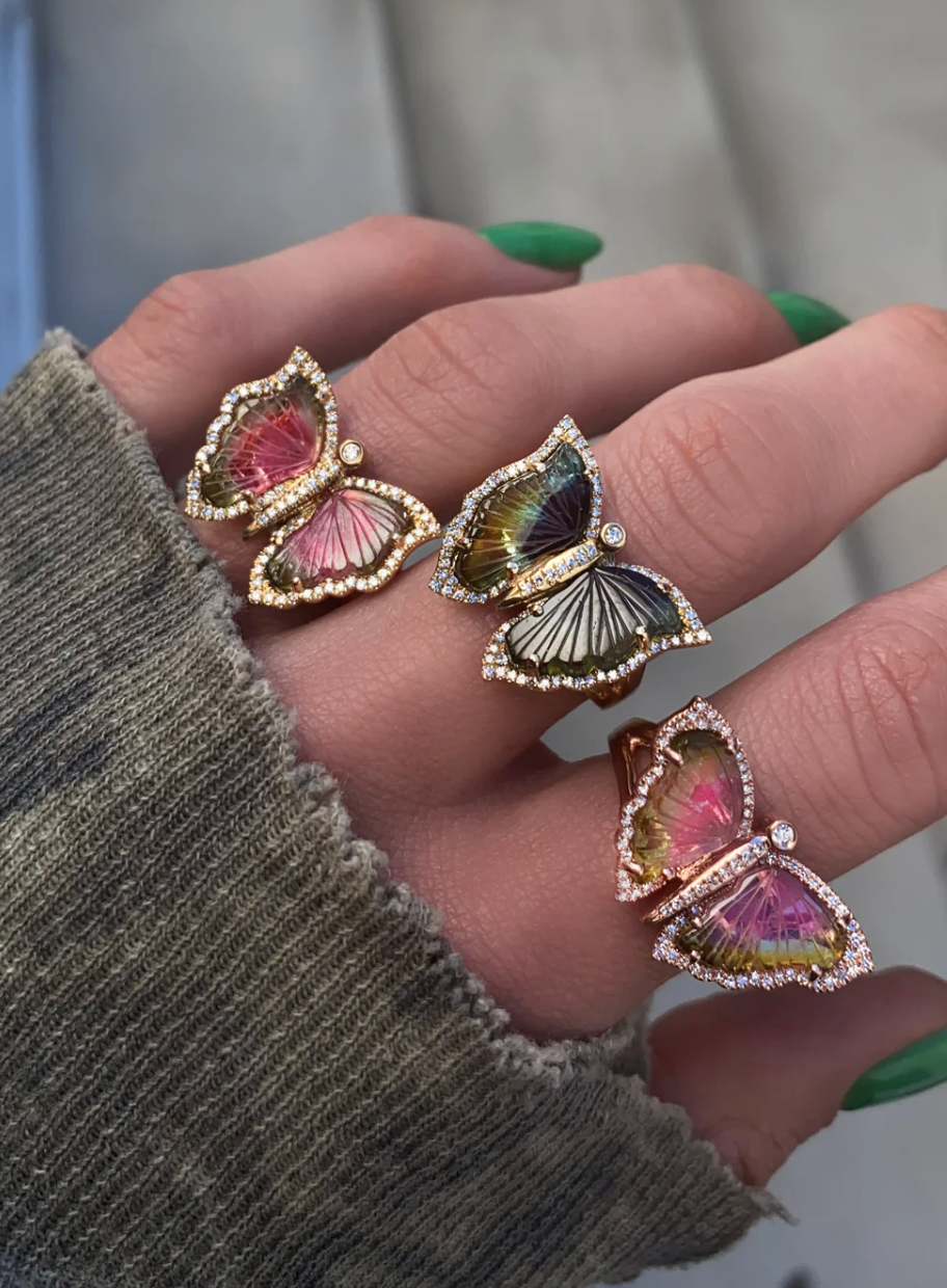 14kt gold and diamond green tourmaline butterfly ring