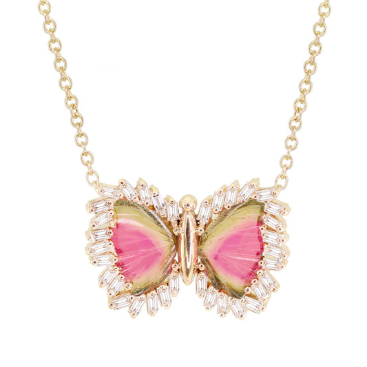 14kt rose gold baguette diamond baby watermelon tourmaline butterfly necklace