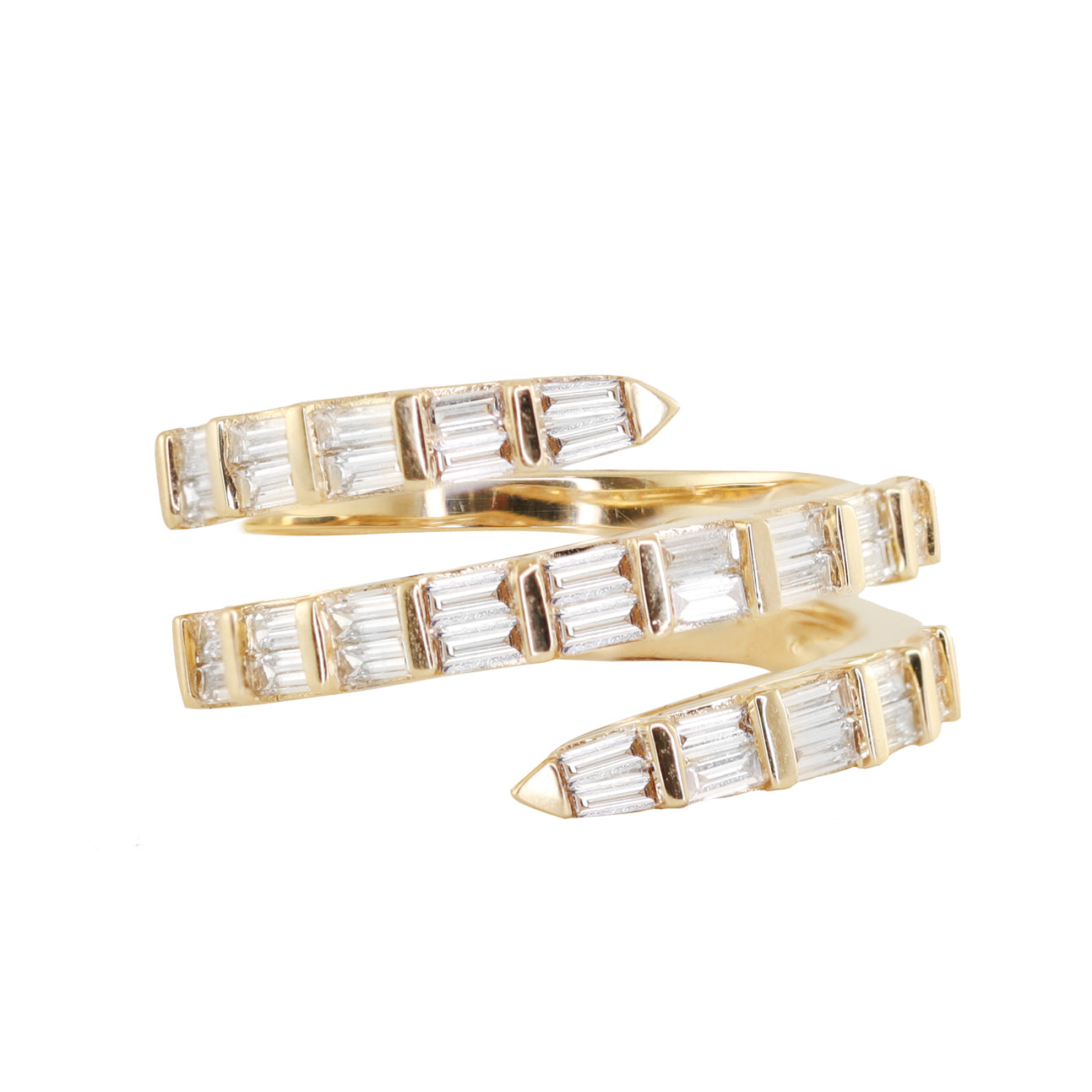 14kt gold baguette diamond coil ring