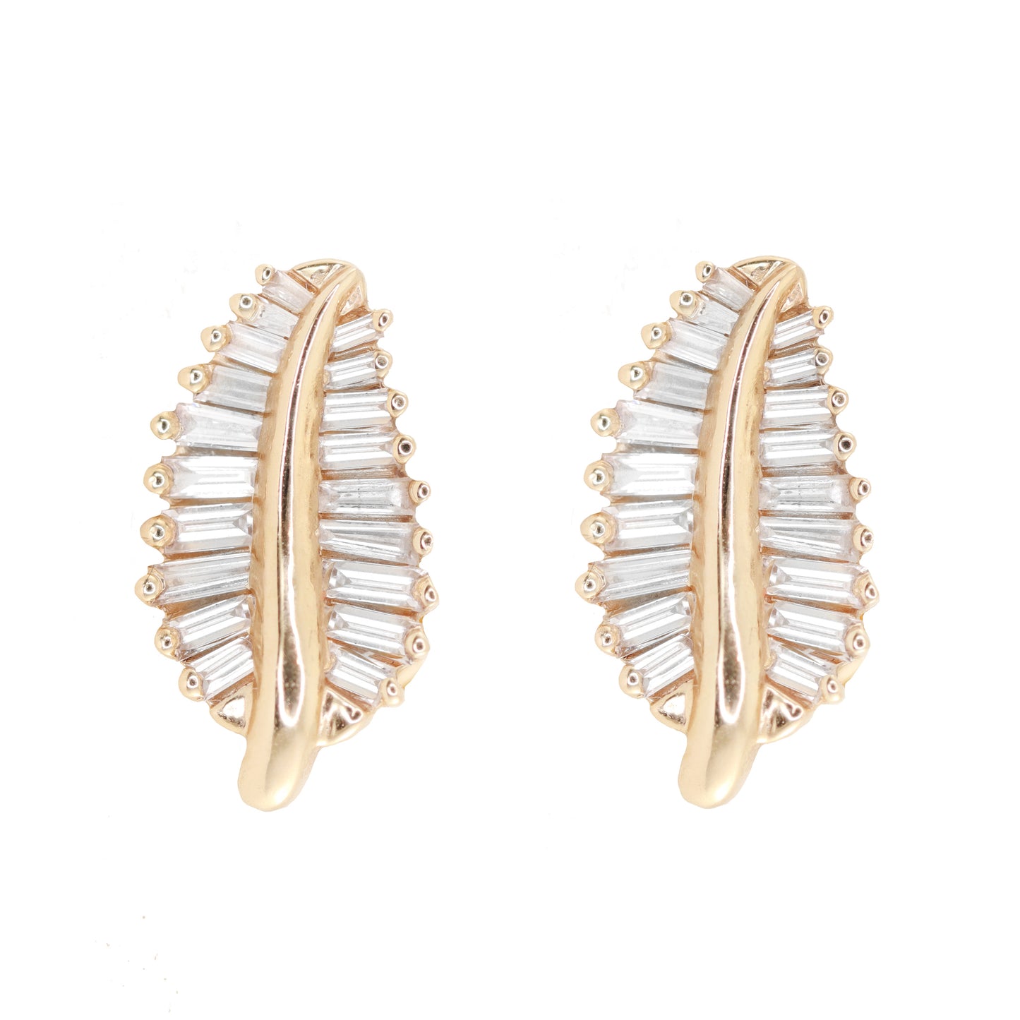 14kt gold large baguette diamond leaf studs