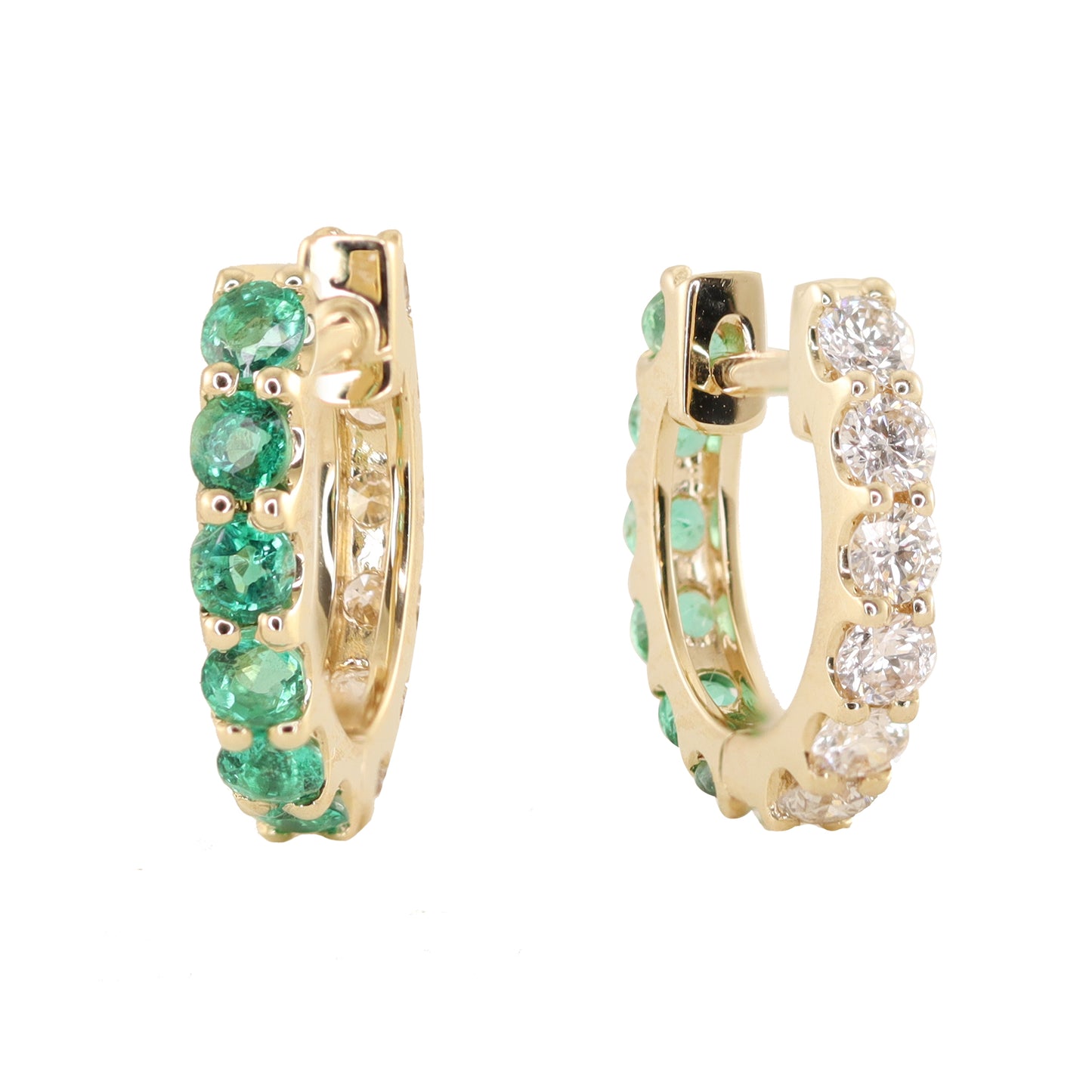 14kt gold double sided diamond emerald hoop