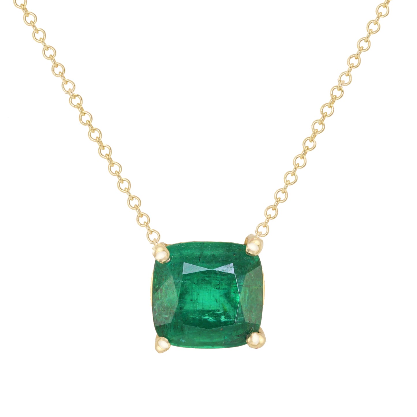 14kt gold cushion solitaire emerald prong necklace