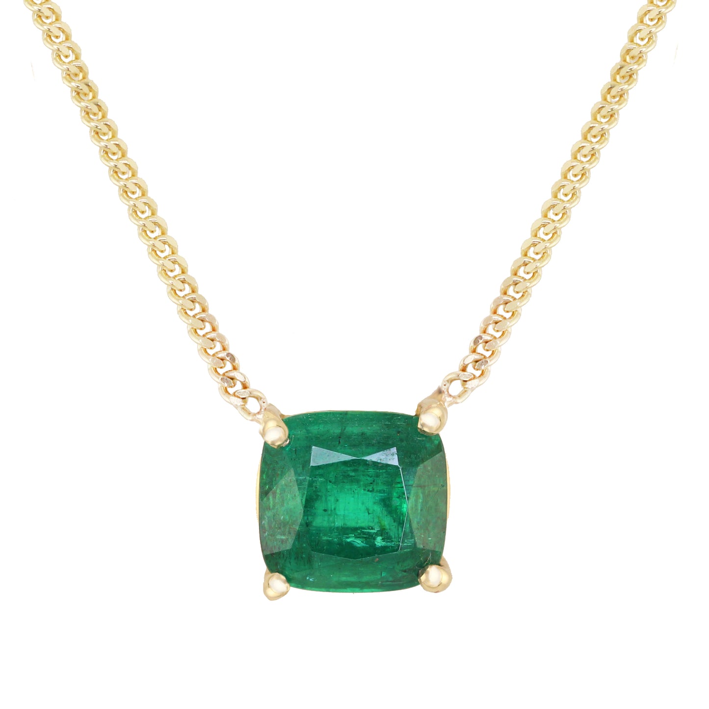 14kt gold cushion solitaire emerald prong necklace