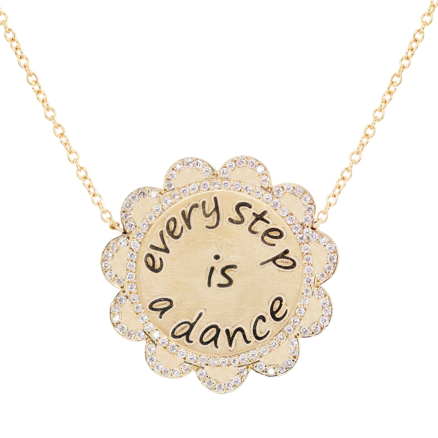 14kt gold and diamond flower disk every step necklace