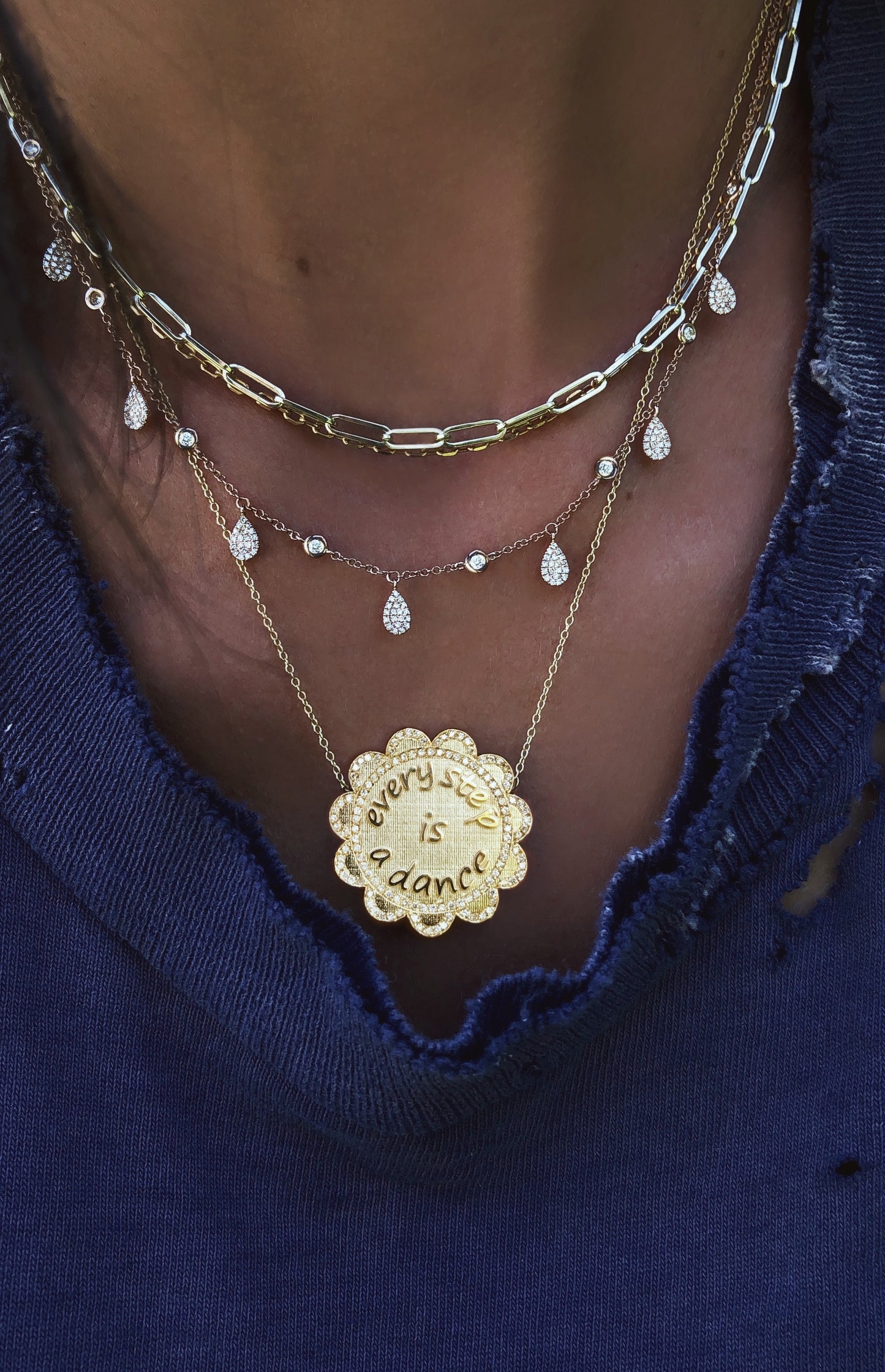 14kt gold and diamond flower disk every step necklace