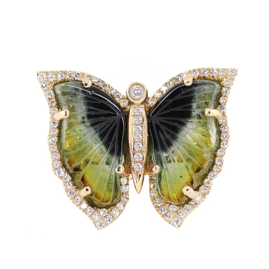 14kt yellow gold and diamond green tourmaline butterfly ring